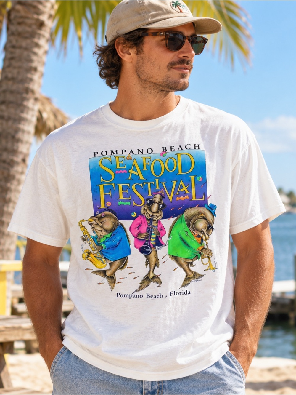 Vtg Pompano Beach T-shirt Seafood Festival Size Large Single Stitch USA 1990